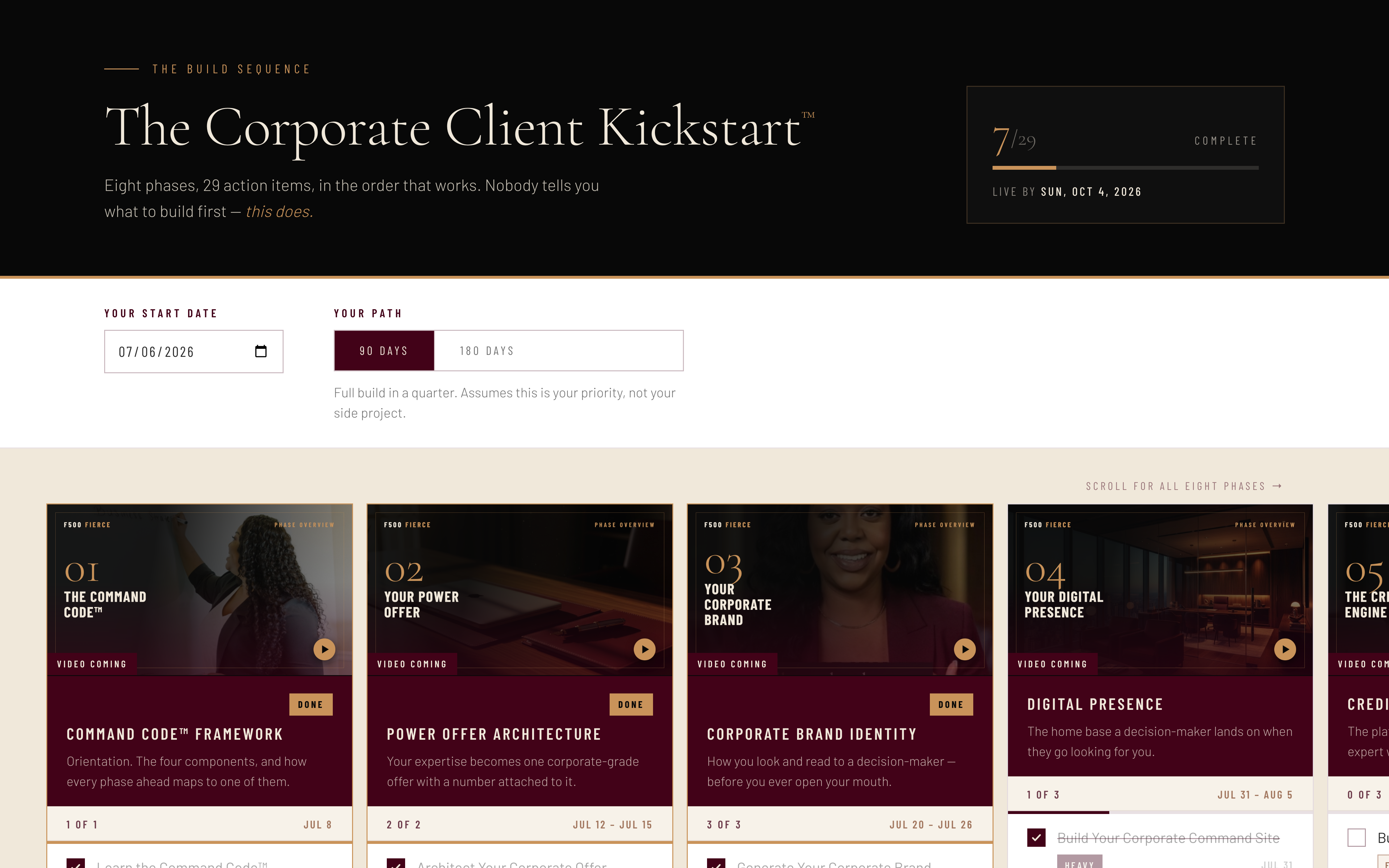The Corporate Client Kickstart tracker — eight phases, 45 action items, with live progress and due dates